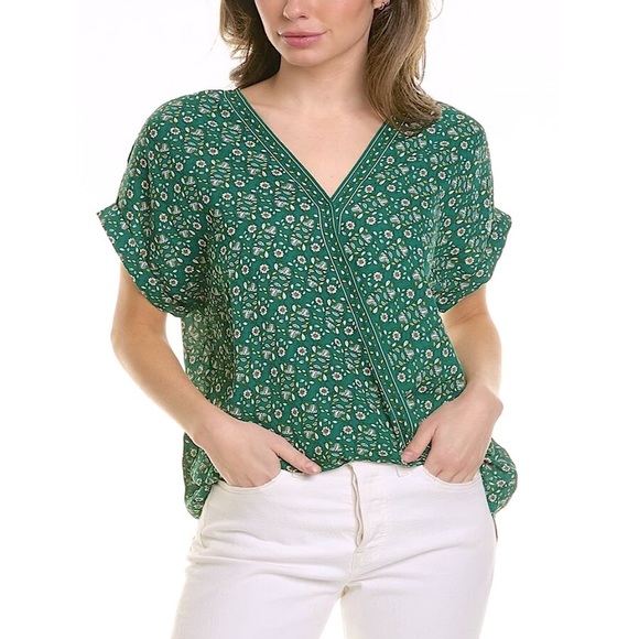 Max Studio Tops - Max Studio Crepe Faux Wrap Short Sleeve Top, Green Floral - Size S